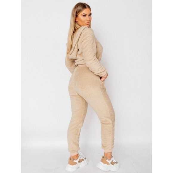 Beige Teddy Bear Fur Long Sleeve Hooded Crop Top and Jogger Pants  Two Piece Set - Picture 8 of 11